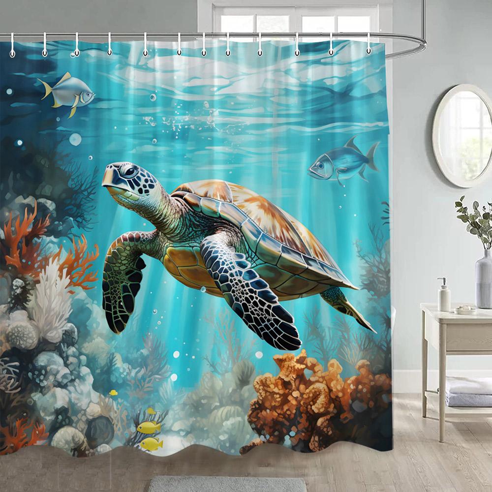 Sea Turtle Shower Curtains Watercolour Ocean Animals Fish Coral Water Plants Underwater Scenery Home Bathroom Curtain Decor Set