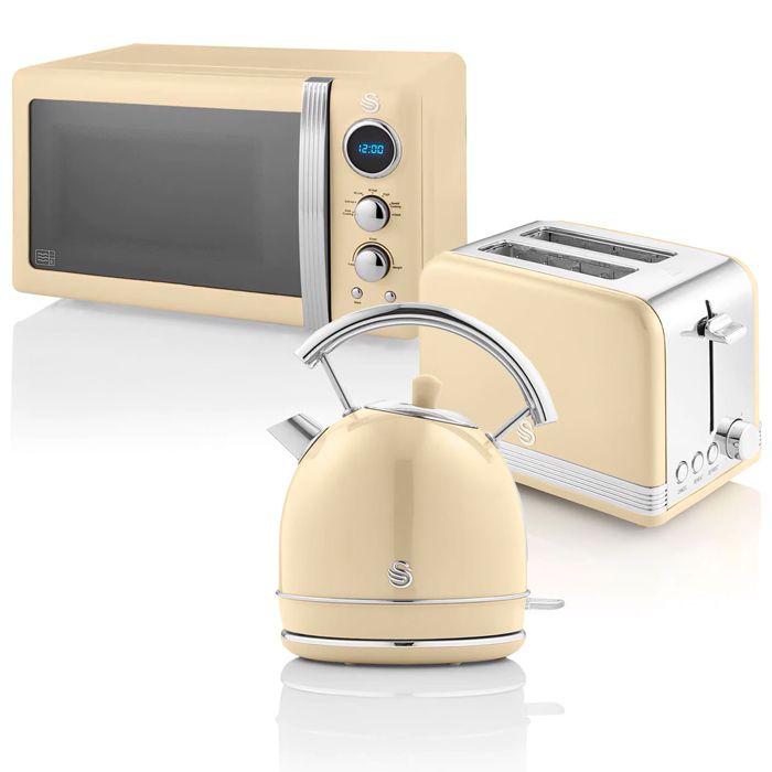 Retro Set Petit-Déjeuner Bouilloire 1,8L Grille-Pain 2 Tranches Micro-ondes 20L SWAN STRP2070CNEU 850W Crème