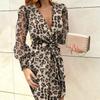Женское элегантное мини-платье с леопардовым принтом, модное облегающее сексуальное платье с длинным рукавом и глубоким V-образным вырезом, женская офисная одежда