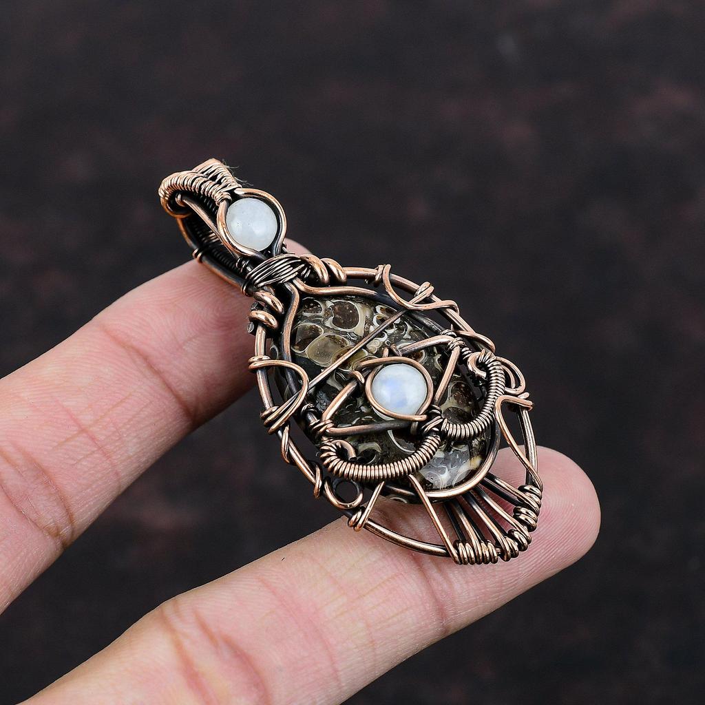 Подвеска из агата с дурным глазом Turritella, подвеска из медной проволоки, подвеска из радужного лунного камня, ручная работа, медные украшения, подарок на помолвку