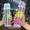 1PC Pasta Cobs Retro Striped Typography Print 750ml Color Plastic Sports Water Bottle Leakproof Flip Straw Lid Suitable for Sports Office Home Use