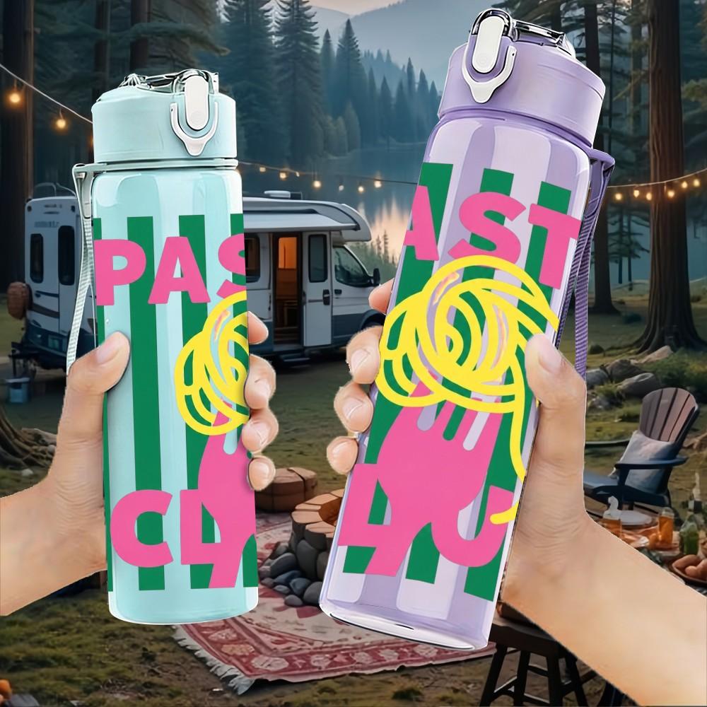 1PC Pasta Cobs Retro Striped Typography Print 750ml Color Plastic Sports Water Bottle Leakproof Flip Straw Lid Suitable for Sports Office Home Use