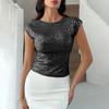 Женская футболка с круглым вырезом и коротким рукавом, топы с пайетками, открытая спина, облегающий крой, сексуальные топы для вечеринок, повседневная одежда