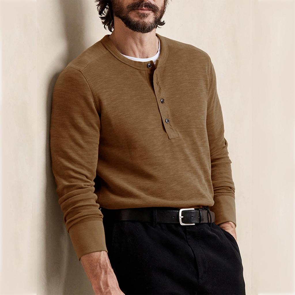 Men's Spring And Autumn Solid Color T-shirt Lapel 3 Button Open Placket Button Long Sleeved Top