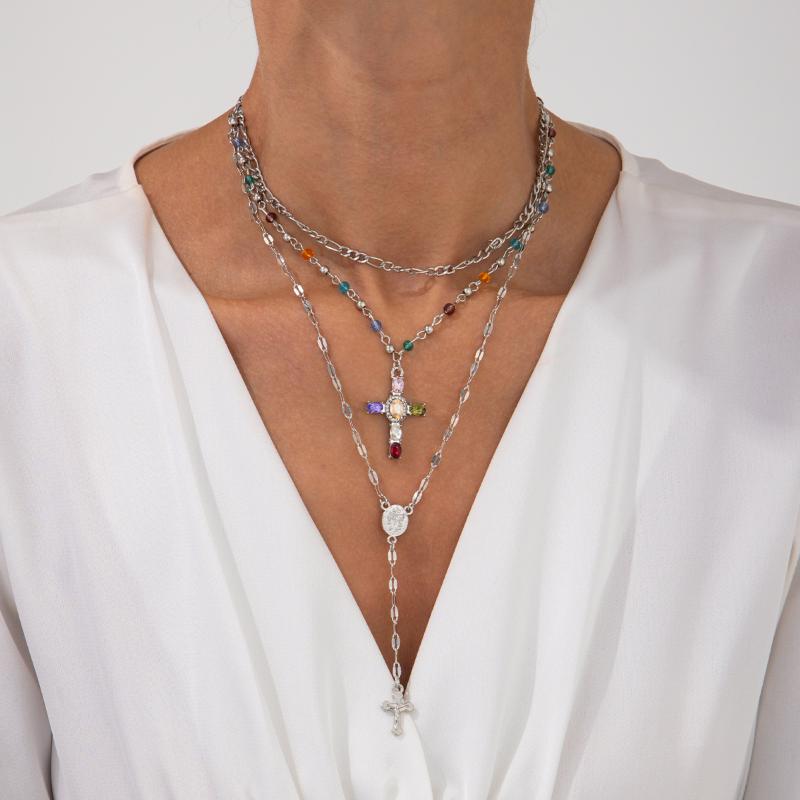 3/4Pcs Simple Jesus Cross Pendant Choker Stacking Necklace For Women Trendy Colorful Crystal Chain Christian Jewelry Gift