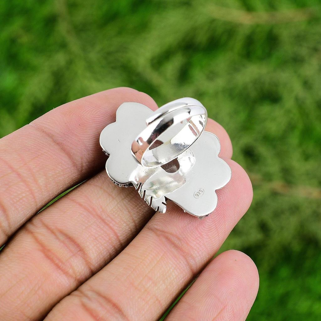 Natural Moonstone Gemstone Statement Flower White Adjustable Ring 925 Silver