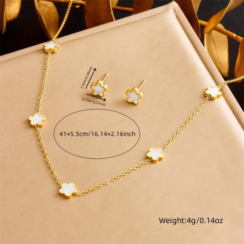 DIEYURO 316L Stainless Steel White Sea Shell Five Leaf Flower Necklace Bracelet Suit Womens New TrendNon-fadingjewelry Set