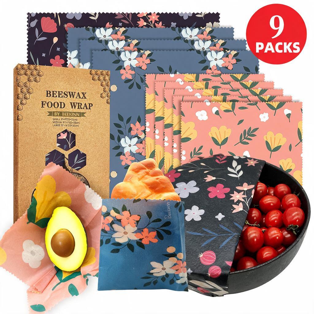 9 Pack Beeswax Food Wraps, Food Grade Reusable Beeswax Cloth, Eco-Friendly Food Storage Wraps