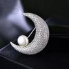 Korean-Style Diamond Moon Brooch with Pearl – Elegant Women's Pin Accessory