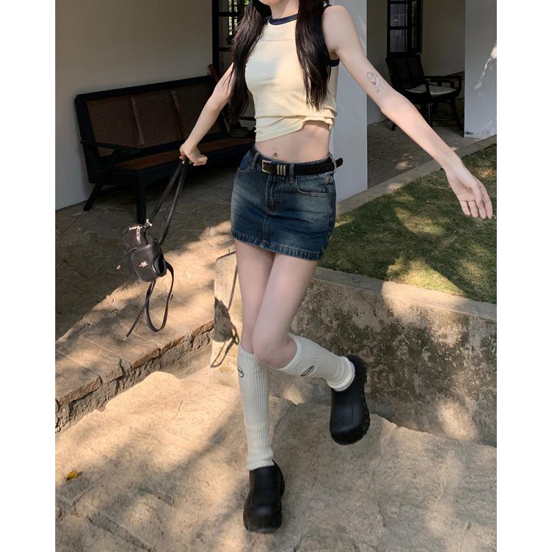 2024 Ретро корейский стиль юбка-трапеция с заниженной талией джинсовая юбка для женщин