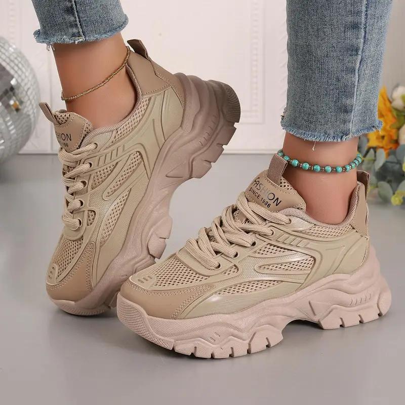 Spring Summer Purple Women Breathable Comfortable Thick Sole Casual Sneakers Fashion Hollow Mesh Lace Up Female Wedges Shoes