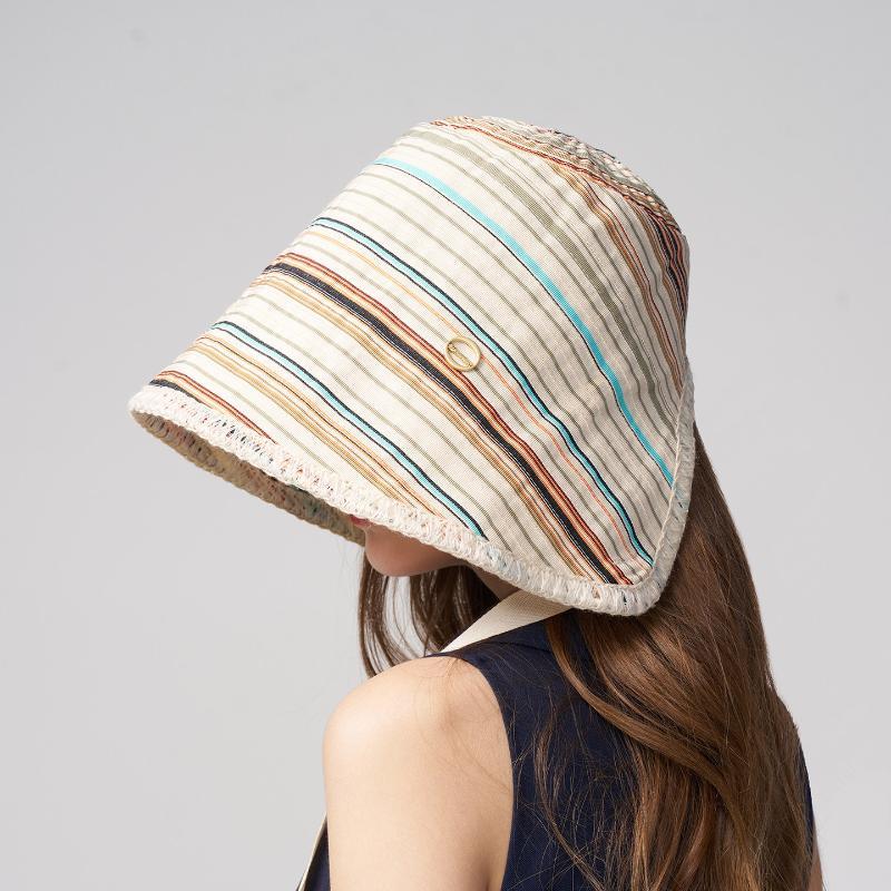 Breathable Striped Linen Sun Bonnet With Adjustable Chin Tie Uv Protection For Beach Vacation Outdoor Use