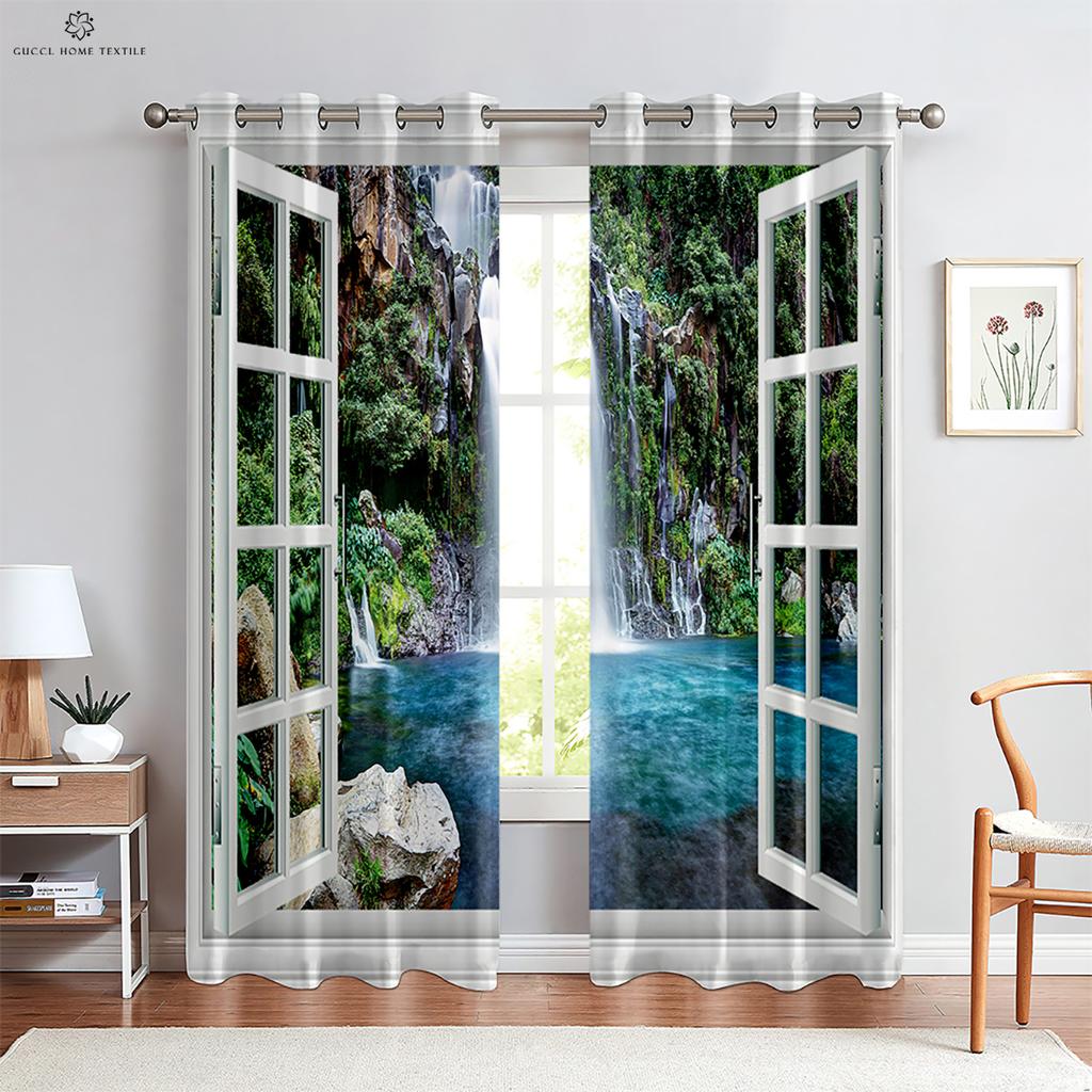 Real Effect 3D Printed Curtains, Curtains with Seaside Scenery, Blue Sky Pattern, Outside the Window Window Decoration