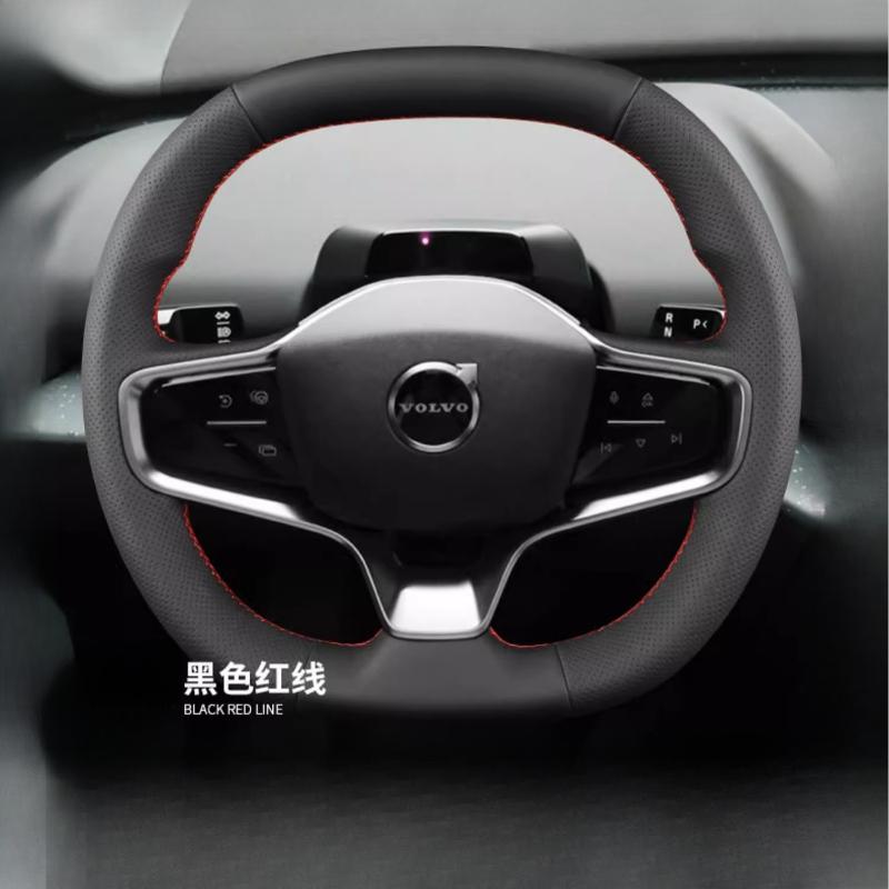 Для Volvo EX30 2024 2025 Черный нескользящий кожаный чехол на руль автомобиля, сшитый вручную
