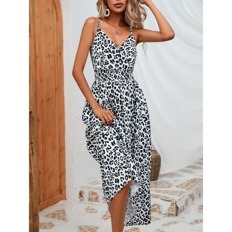 Fashion Leopard Print Suspender Dress Women Summer V Neck Elegant Loose High Waist Casual Midi Dresses Female Simple Women's Clothing
