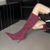 European and American niche temperament suede high-heeled boots 2025 autumn and winter new pointed thin heels but knee zipper tall tube