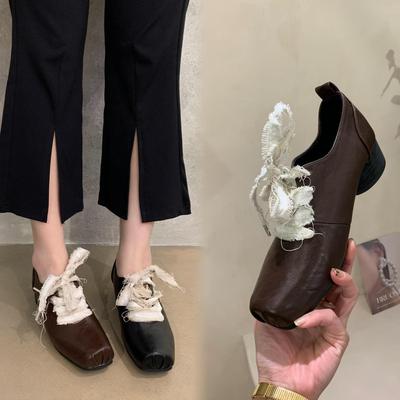 Туфли на низком каблуке в стиле ретро с квадратной головкой, кожаные туфли с высоким толстым каблуком и шнуровкой спереди, женские туфли из мягкой кожи