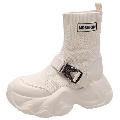 Модные вязаные ботильоны на высокой платформе 8 см, женские осенние короткие носки с толстой подошвой, нескользящие мотоциклетные ботинки на толстой подошве, женские ботинки