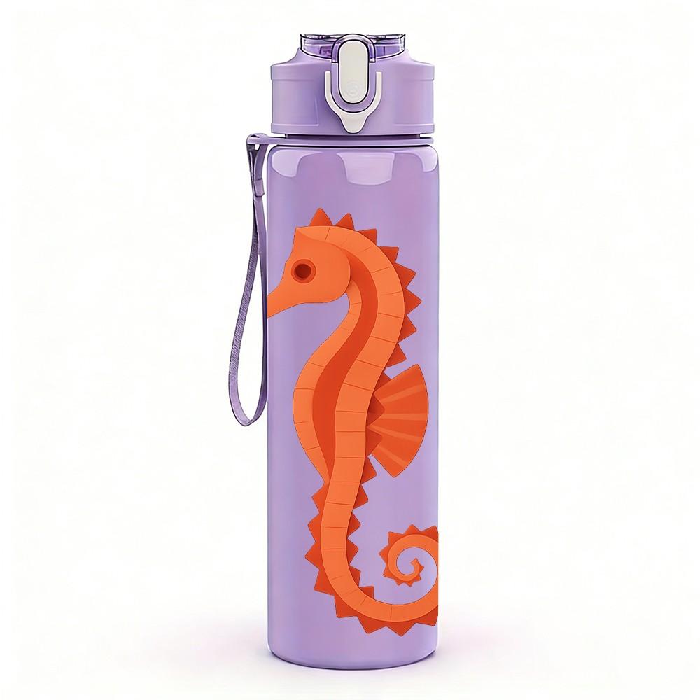 1PC Single Seahorse Line Illustration 750ml Color Plastic Sports Water Bottle Leakproof Flip Straw Lid Suitable for Sports Office Home Use