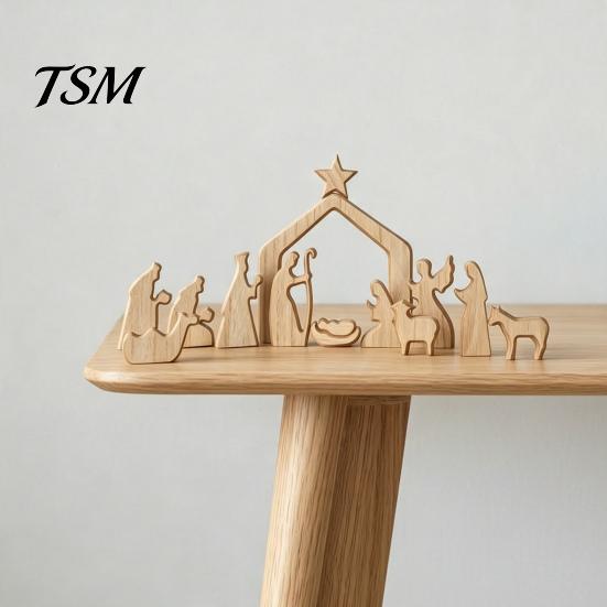Stable Figurines Set Christmas Nativity Table Decorations, Wooden Scene Sculpture, Baby Decorations Saint And Animal for Holiday Party Home Decor Wood
