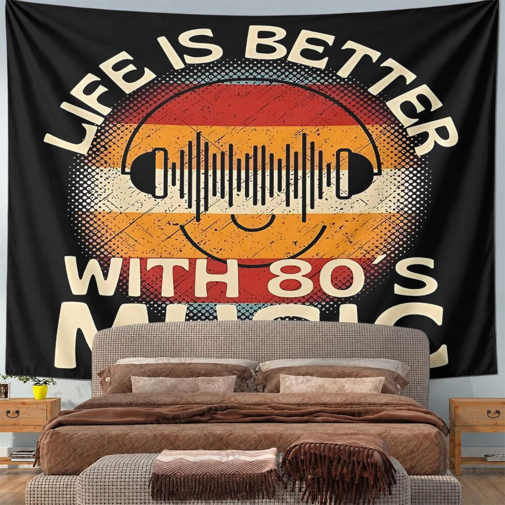Life Is Better With 80's Music Tapestry Wall Hanging Retro Smiley Decor for Bedroom Living Room Music Room Gift