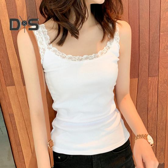 Женская туника с кружевной отделкой, топ без рукавов на тонких бретельках, летняя майка с круглым вырезом, майки