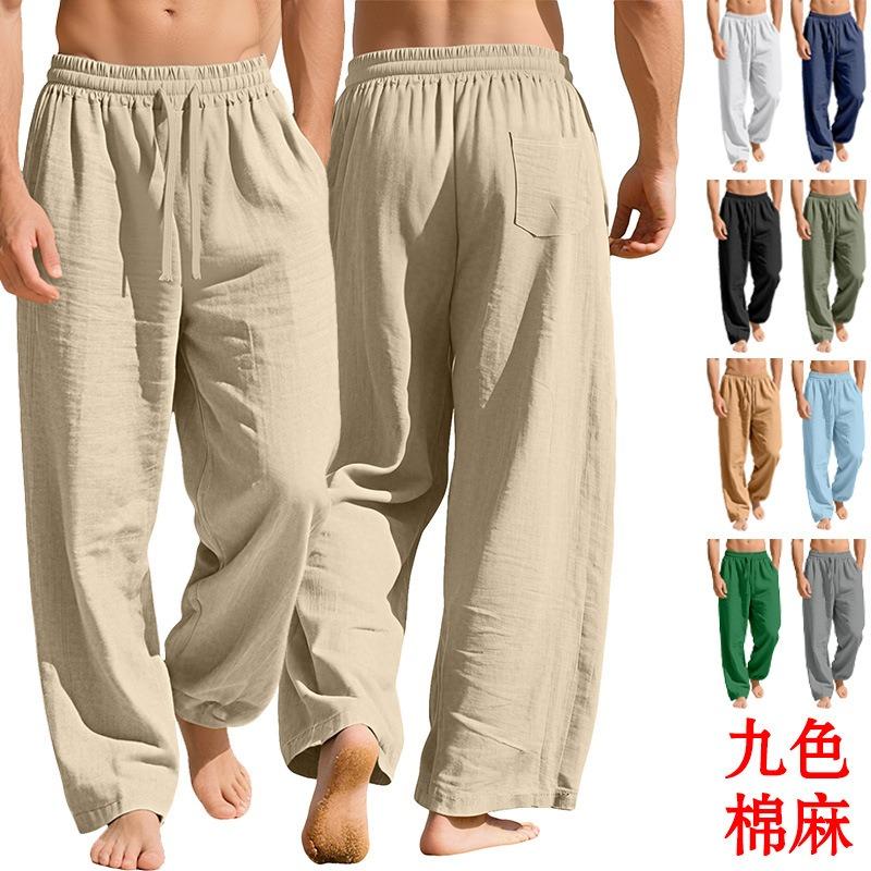 Men's Linen Loose Casual Sports Trousers Pocket Tether Solid Color Trendy Business Trousers