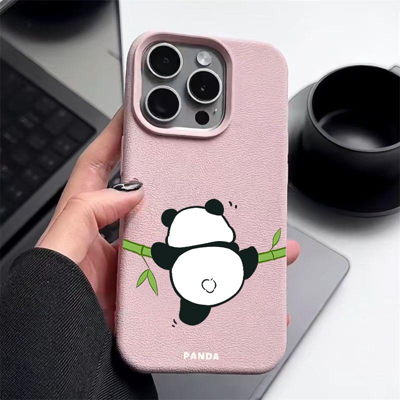 Чехол с текстурой кожи и мультяшной пандой для iPhone 16 15 14 Pro Max 13 12 Pro Max 11, противоударный, матовый, мягкий ТПУ, силиконовый чехол для телефона