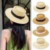 Женская летняя шляпа от солнца соломенная плетеная в стиле ретро в английском стиле с плоским верхом, сплошная цветная шляпа с широкими полями, защита от УФ-лучей, пляжная кепка для отпуска