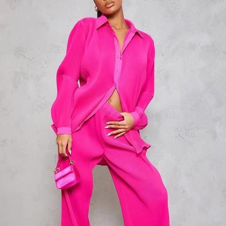 Осенний курортный стиль, рубашка с лацканами в стиле ретро и эластичной талией, широкие брюки, комплект из двух предметов, женский костюм