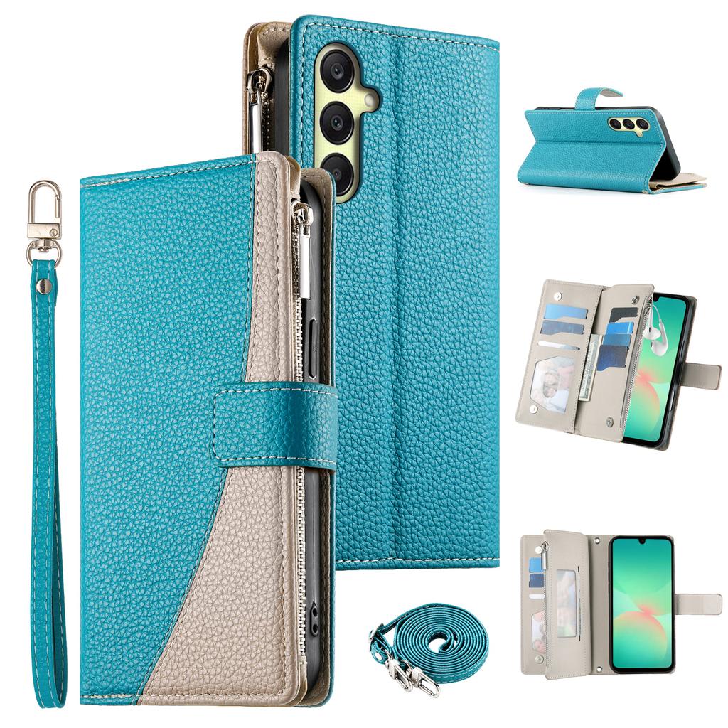 For Samsung Galaxy A26 5G Case Zipper Wallet Color Splicing Leather Flip Phone Cover with Straps