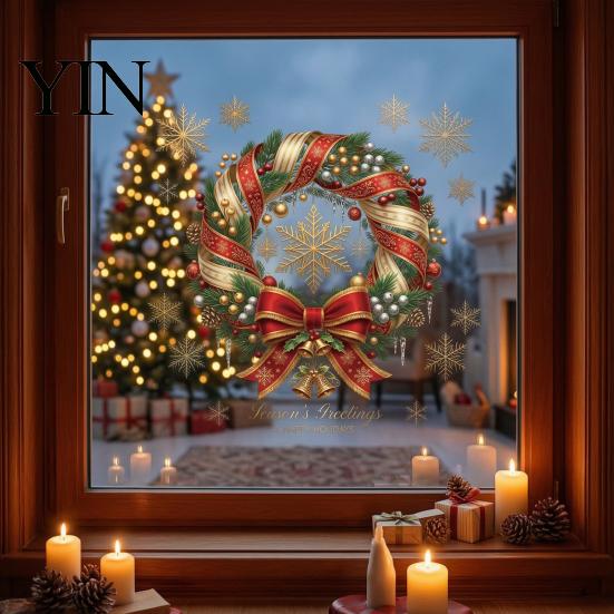 Christmas Window Clings Wreath Cling, Snowflake Bell Static Glass Decals for Shop Adhesives Storefront Door, No Glue Reusable Festive Decor
