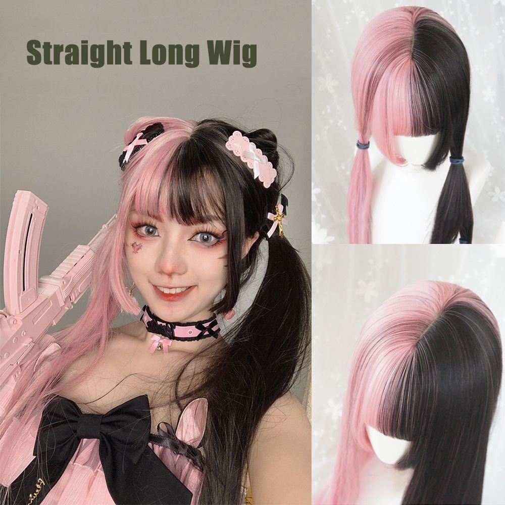 Women Female Synthetic Bangs Cosplay Lolita Double Color Toupee Black&pink Wig Long Straight Hair