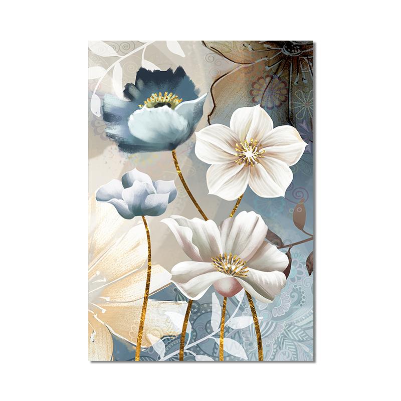 Golden Blue Flowers Nordic Poster Modern Abstract Wall Art Print Canvas Painting Wall Pictures for Living Room Home Decoration