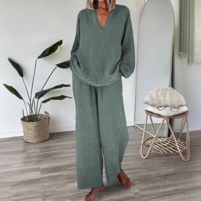 Женский свободный комплект из 2 предметов: топ с длинным рукавом и V-образным вырезом, широкие брюки