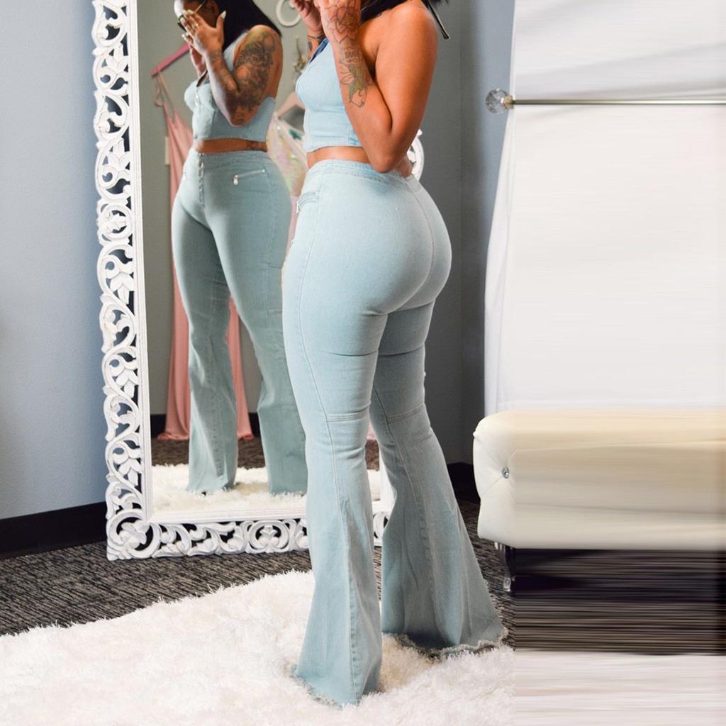 Womens Button Zipper Pocket Jeans Casual Denim Flares Sexy Set Tops Pants Suit