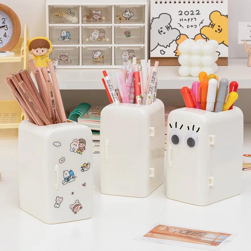 Multi Functional Cute Refrigerator Shaped Pen Holder Cartoon Creative Desktop Storage Makeup Brush Office Desktop Supplies