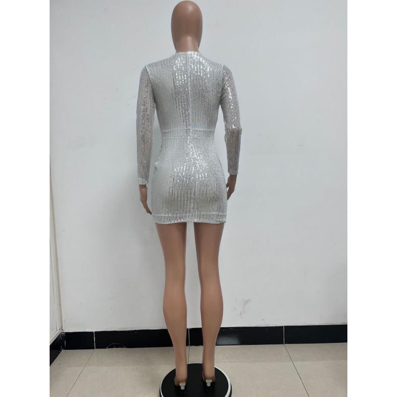 Летнее женское платье Французское платье с V-образным вырезом и длинными рукавами Платье с оборками на бедрах Платье с пайетками