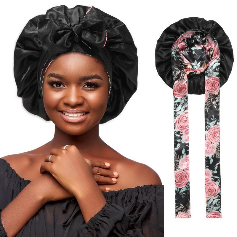 Двухслойная атласная шапочка для сна, нескользящая повязка для волос для женщин, ночная шапочка для длинных/вьющихся волос с эластичной завязкой