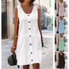 Dresses For Womens Vintage Elegant U Neck Button Long Dress Summer Casual Sleeveless Hollow Out Midi Dress