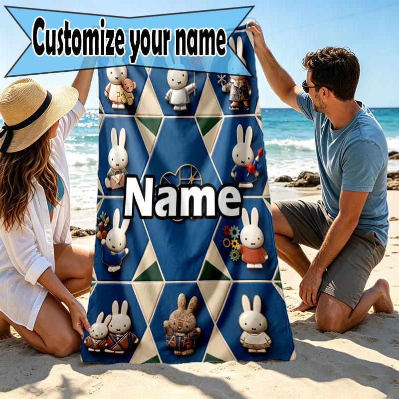 Custom Name Personalized Miffy Print Beach Towel, for Trip Camping Beach Party Home Decor, Birthday Gift for Family & Friends