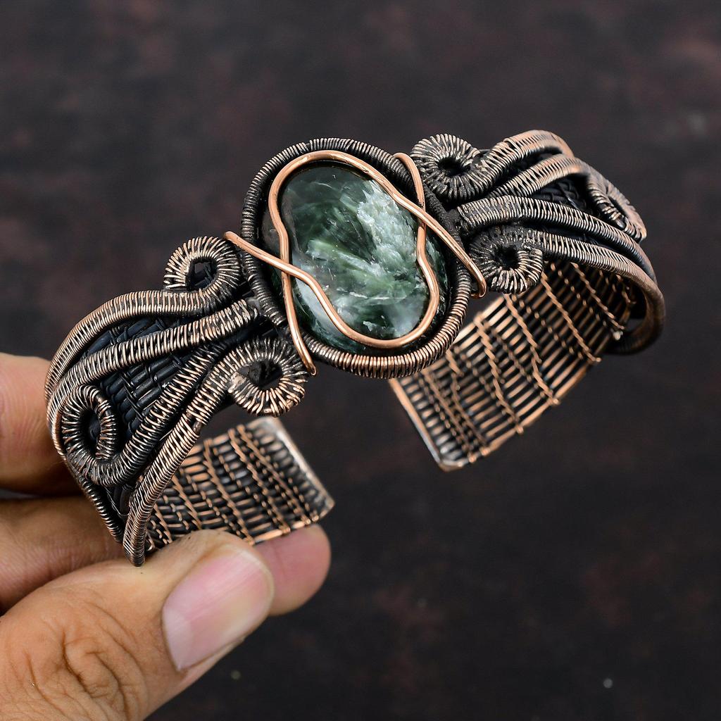 Серафинитовый браслет-манжета, браслет из медной проволоки, красивые ювелирные изделия из драгоценных камней, медный браслет-манжета ручной работы, подарок для нее, регулируемый браслет