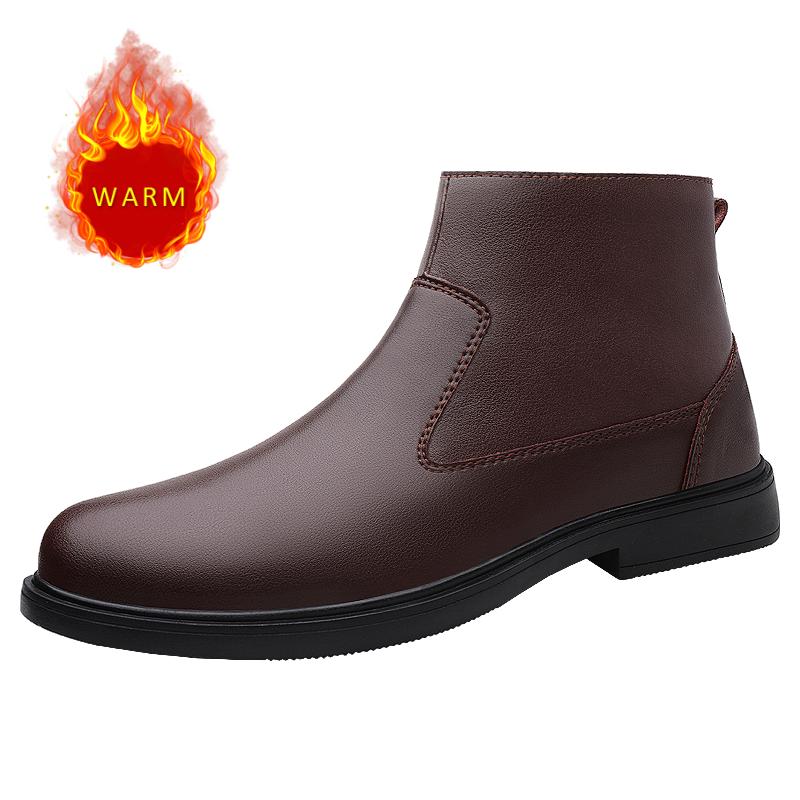 Мода 2024 мужские модные кожаные ботинки осень и зима высокие рукава коровья кожа боковая молния большая куча теплые хлопковые ботинки