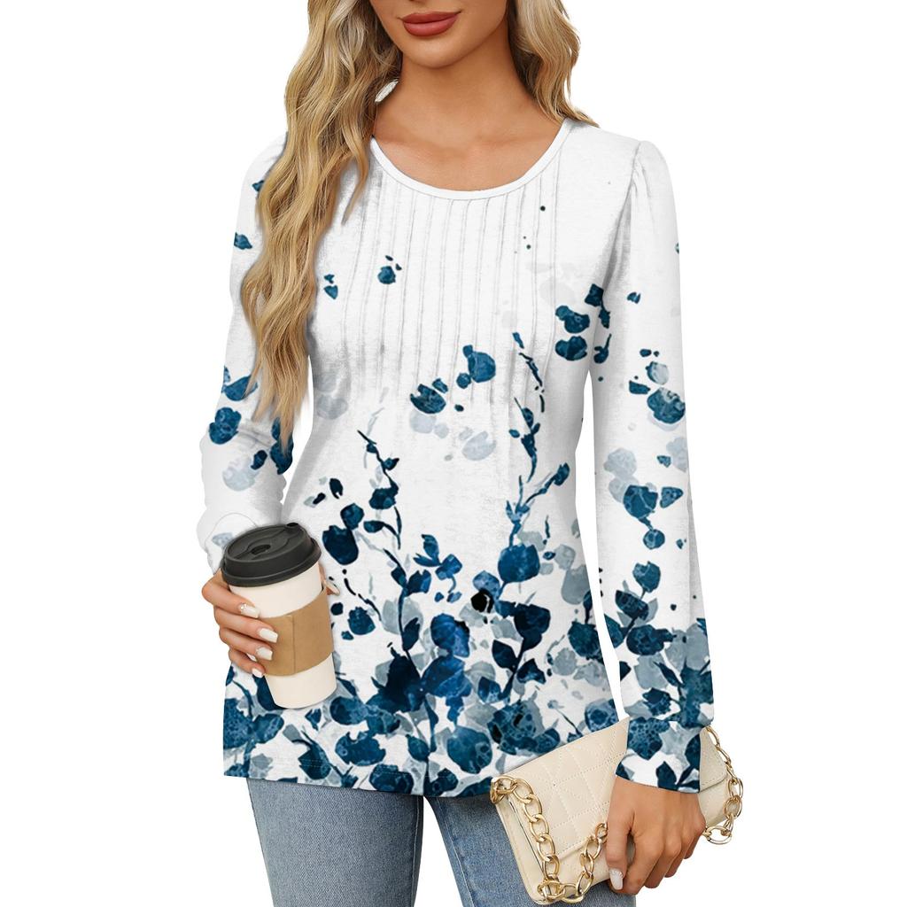 Женская повседневная плиссированная футболка с круглым вырезом и длинными рукавами с градиентным принтом