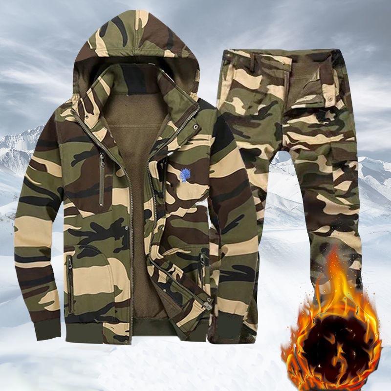 Осенние и зимние мужские камуфляжные костюмы плюс бархатные утепленные морозостойкие теплые рабочие костюмы для строителей