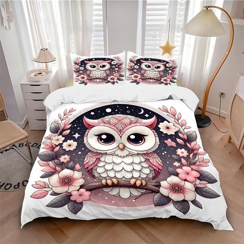 3pcs Cute Owl & Flowers Quilt Set - Soft and Comfortable Bedroom, Guest Room and Dorm Decor Bedding Set M046
