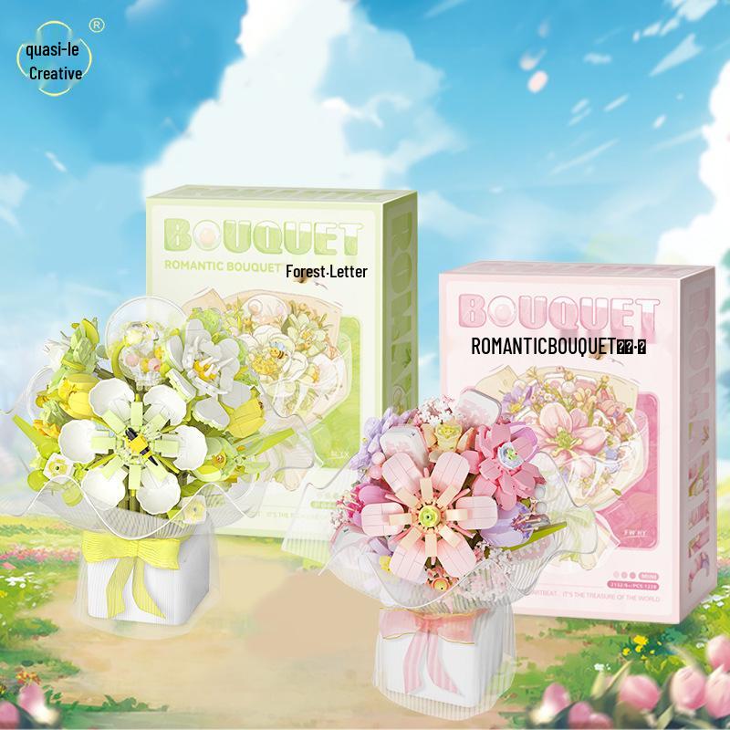 Букет на ленте Weilo Пудровая дымка Цветочный Лего Конструктор Украшение Подарок