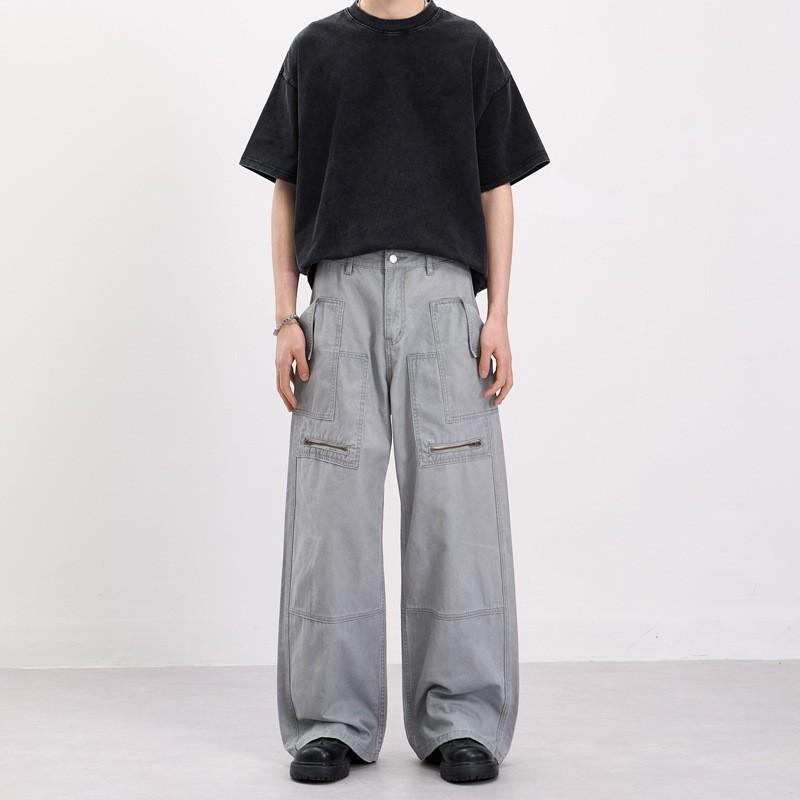 Mens Vintage Cargo Pants With Zippered Flap Pockets Straight Fit Cotton Workwear Trousers Casual Daily Wear