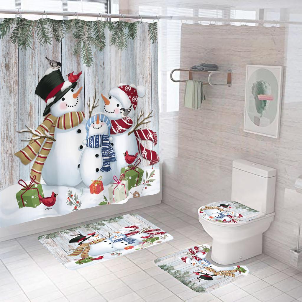 4pcs Merry Christmas Shower Curtain Polyester Shower Curtain Pedestal Rug Set Bathroom Decor Waterproof Curtain