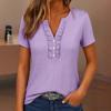 Женские Топы V-образный вырез Оборки Пуговицы Половинная планка Короткий рукав Обычная посадка Повседневная Футболка Однотонный Летние Топы